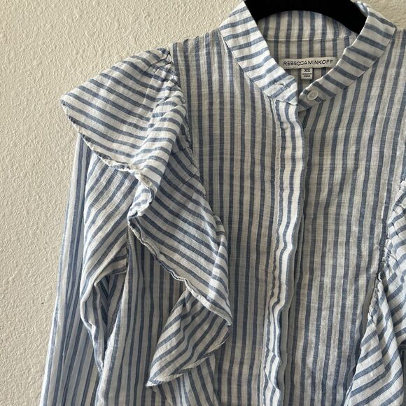 Rebecca Minkoff Blouse Women's XS Ciera Ruffle Top Striped Button Up Victorian - Picture 7 of 15